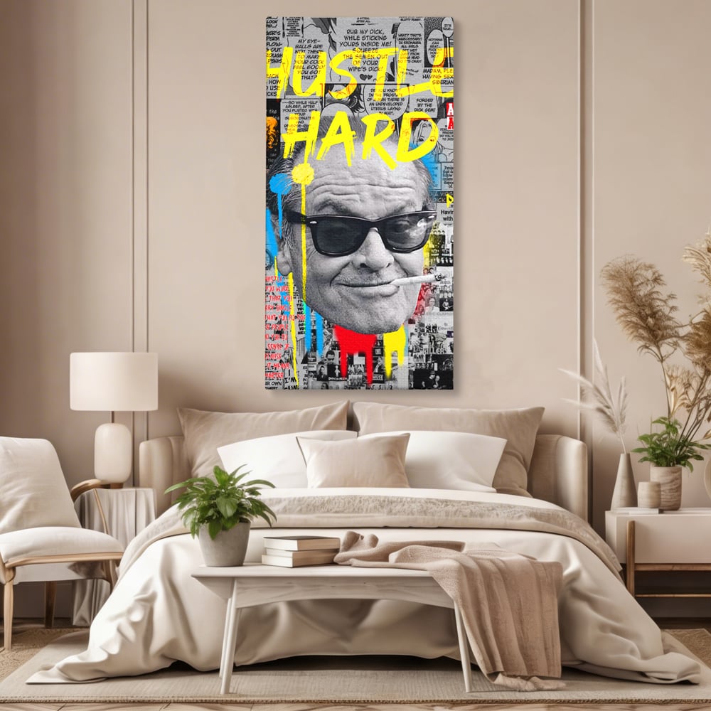 Tablou canvas cu tablou portret jack nicholson cu ochelari si tigara, fara rama, pe sasiu de lemn, pe perete intr-un dormitor